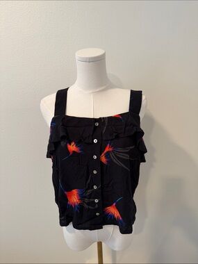 Knot Sisters NWT Black Bird of Paradise Print Ruffle Tank Blouse Medium